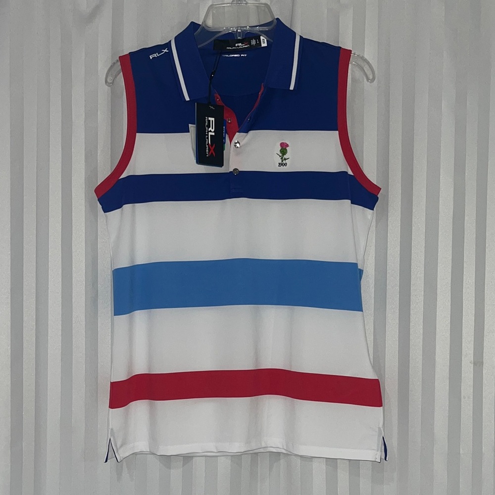 NWT Ralph Lauren RLX Women's Wicking Sleeveless Golf Polo Blue/White/Pink Stripe
